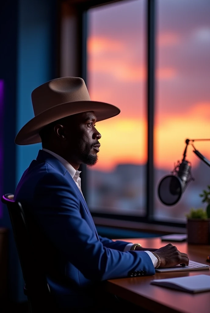 A black gentleman dresed in blue suits and with cowboy hat, sitting in his office with podcast studio blurred background and he is looking outide through the window seding seeing a beautiful sunsets and it is cloudy and almost raining outside, make left hand side of the picture black- blurred