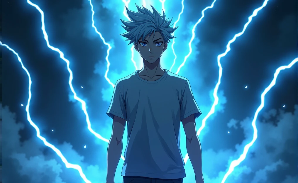 young man with a serious expression, surrounded by an electric aura. His hair is spiky and messy, white or silver, which contrasts strongly with the dark, bluish lighting that dominates the scene.. He is dressed in a short-sleeved T-shirt over a long-sleeved T-shirt, both in dark tones, which gives it a casual but powerful air.

The background is shrouded in darkness, with rays of blue electricity snaking around the character, illuminating it dramatically and highlighting its figure in the dim light. The atmosphere is intense, conveying a sense of contained power and potential danger. The combination of the character&#39;s relaxed posture and the visual effects of electricity suggests that he is about to unleash an impressive force..

This style is still anime but semi realistic., with a focus on energy effects and building a tension-filled environment. It is a scene that could belong to a climatic moment 