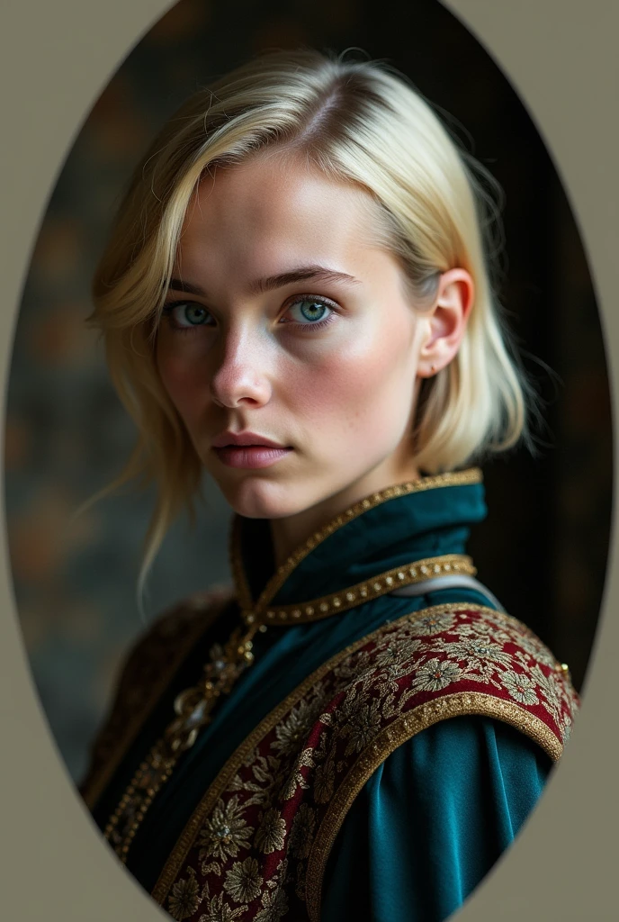 Oval portrait of a woman with a blonde, straight, boyish haircut wearing medieval clothing