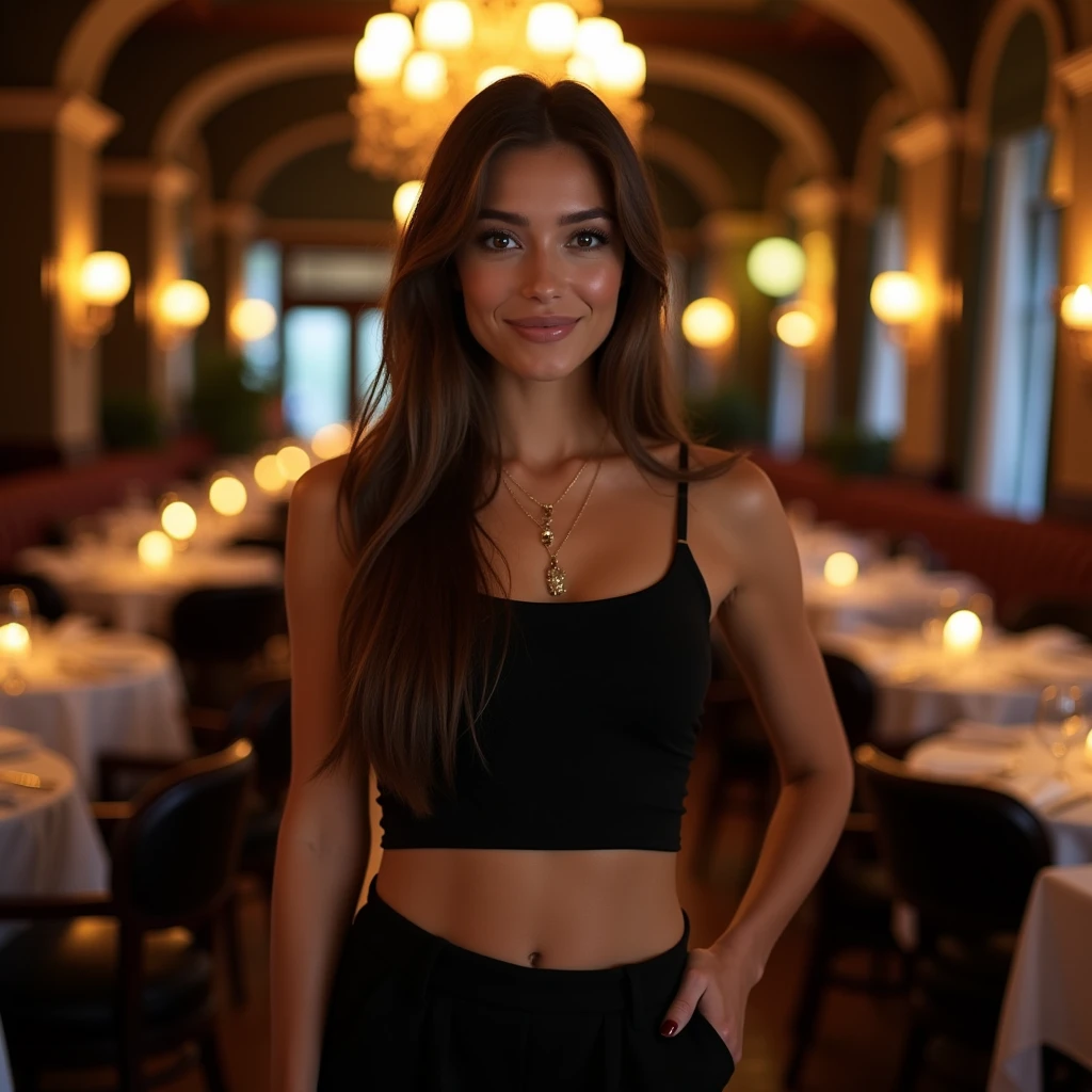 a 24-year-old white woman, beautiful body, long straight brown hair and brown eyes, black crop top, black pants, gold necklace, bright restaurant, elegant chandelier