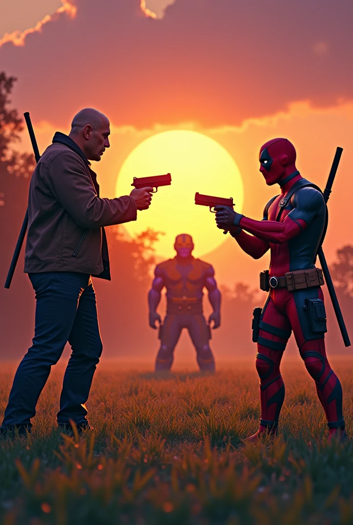 Hitman et deadpool qui font un concours de tir a l'aube sur des cible en forme de thanos