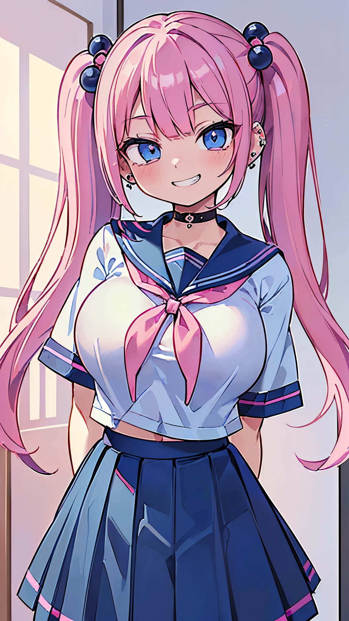 ((masterpiece、Highest quality、Super detailed)、((One person))、((Pink Hair))、((Twin tails))、((Light blue eyes))、evil smile、((Grin))、((lots of piercings))、((Very large breasts))、((serafuku))、Short sleeve、((Navy blue pleated skirt))、Short sleeve、Cowboy Shot、((arms behind back))、((pov hand grabbing breasts))、Bedroom Background