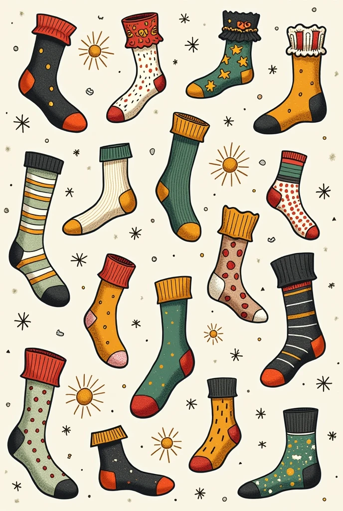Many Line Drawings of Socks and Socks Background with Brown Black White Green Yellow Tones