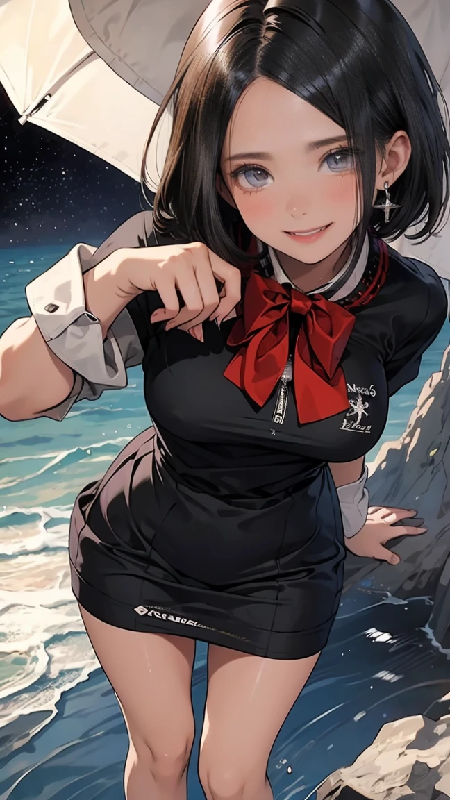 anime illustration, ((((highest quality)))), (((Ultra-precision CG 16K))), (((masterpiece))), BREAK skinny body, slender waist, medium Breasts, (((perky breasts))), ((sagging breasts)), (covered nipples),  (((tanned skin, tan lines))) , BREAK ( smiling, blush, determined expression, sweaty , Heavy breathing, embarrassed, ) , (natural make), BREAK narrow eyes, (streaked hair, hair intakes, colored inner hair, ) BREAK (((wearing printed sexy oversized clothing , wearing wide-leg-pants, breasts is covered by outfit, (detailed panty)Narrow aisles,))) , wearing earrings , BREAK ( stick breast out,  bending over, all four)) BREAK  (( ripples , horizon , under the cosmic sky on the cosmic sea , cosmic effects)), (((close-up of face, bust-up shot, looking at viewer, ))), BREAK ((cinematic , from front , from below , (Distant view, Panorama), looking at viewer, )) , pinup magazine pose,