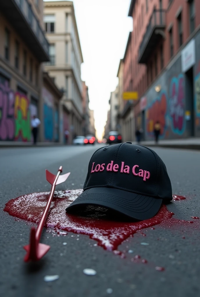 A cupid&#39;s arrow with blood and lying on a street and a black baseball cap that says Los de la Cap