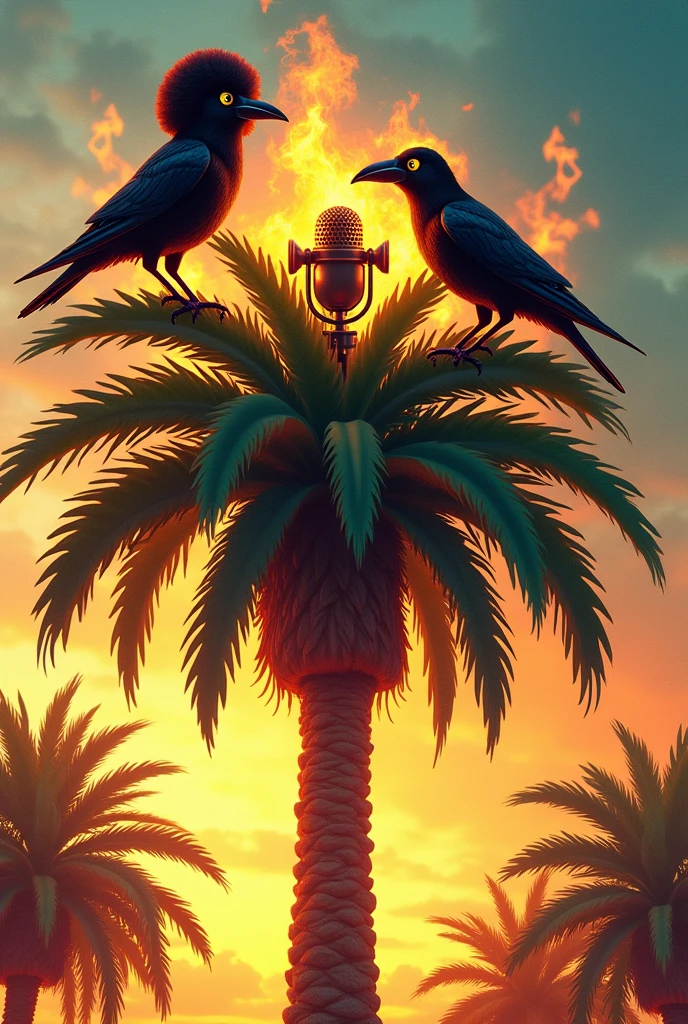 Palm on fire with two funny raven with yellow eye on top , Talking with a podcast microphone. One of them have a afro and is smoking