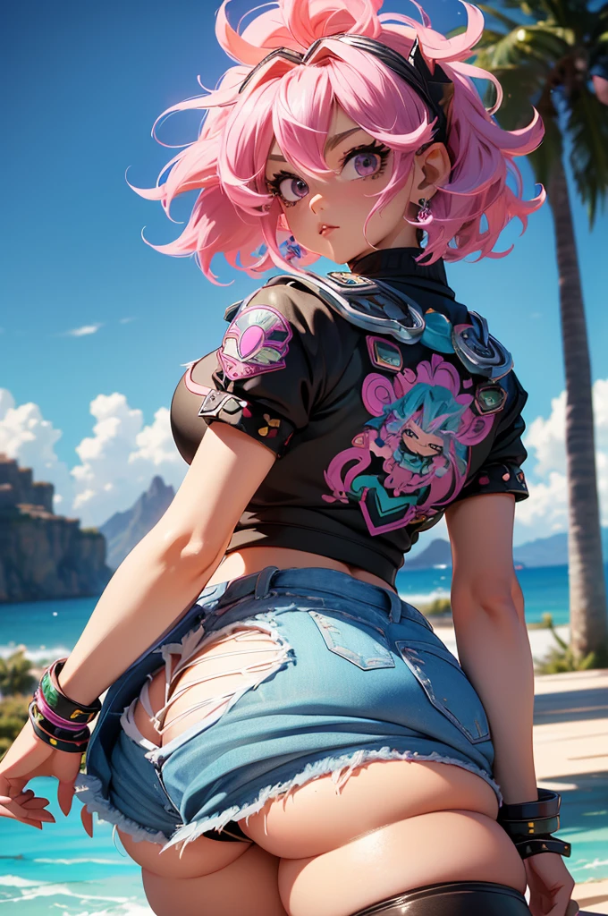 ((Masterpiece:1.5, best quality)), (((2girls))), ((Mina Ashido from My Hero Academia)), and (((Princess_Zelda))), beautiful faces, (voluptuous), large_breasts, ample hips, flaunting their incredibly detailed accentuated big booties, wearing cropped t-shirt and daisy dukes, thick_thighs, breathtaking detail, RAW photo color, cinematic lighting, 8k uhd, dslr,