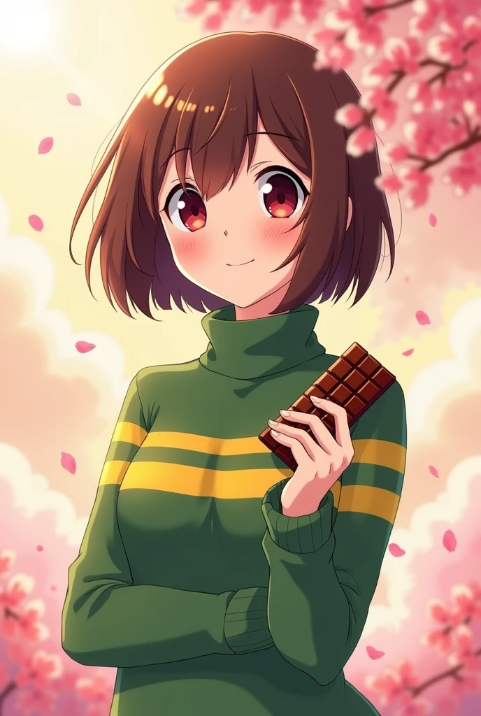 an anime girl with dark red eyes and short brown bob hair wearing a green turtleneck with two horizontal yellow stripes on her chest of her turtleneck sweater holding a bar of chocolate
