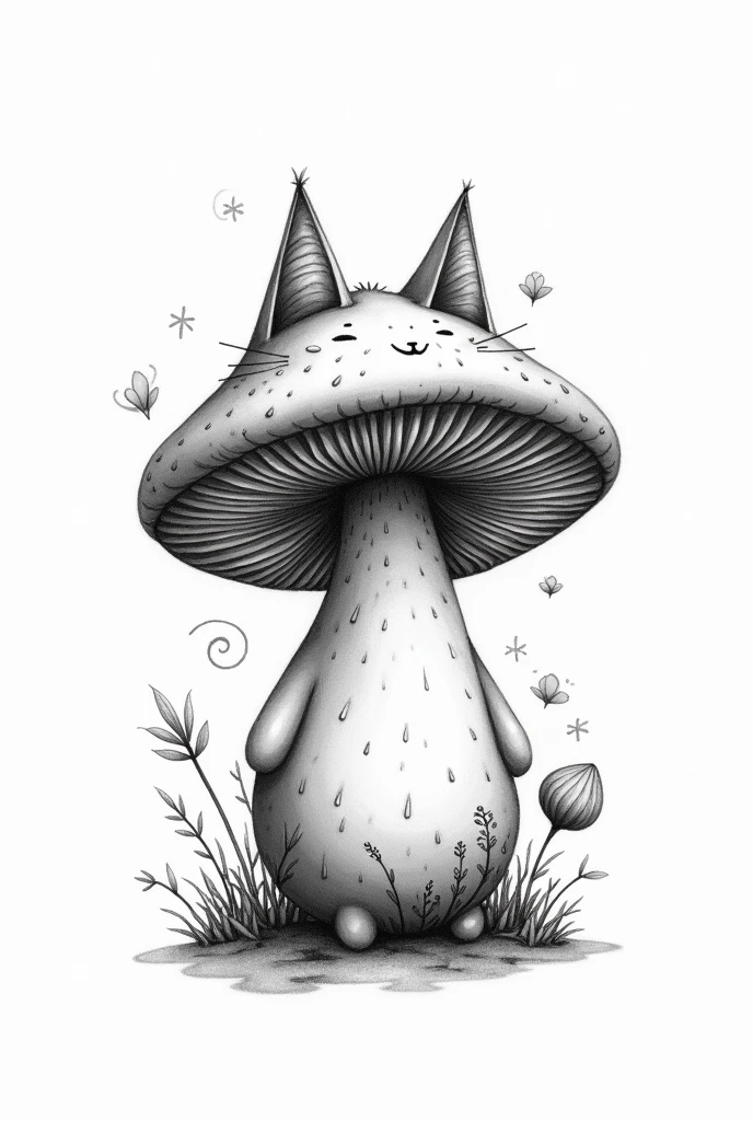 A black and white tattoo of a mushroom with cat ears