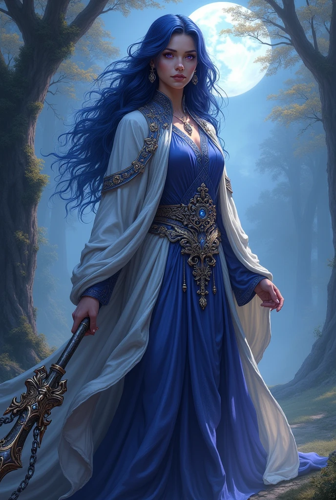A female half-elf cleric with purple eyes, dark blue hair and white skin holding a mace in her hand