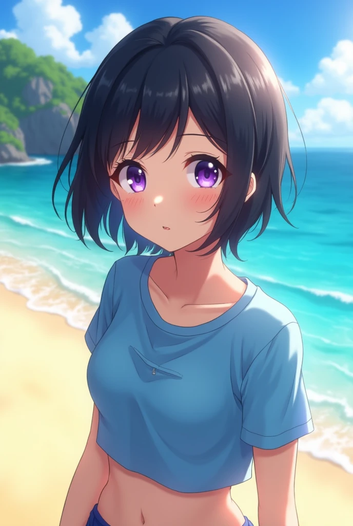 anime, Girl, black hair, short hair, clear skin, purple eyes, on the beach, very short blue t-shirt, big breasts, looking at the viewer
