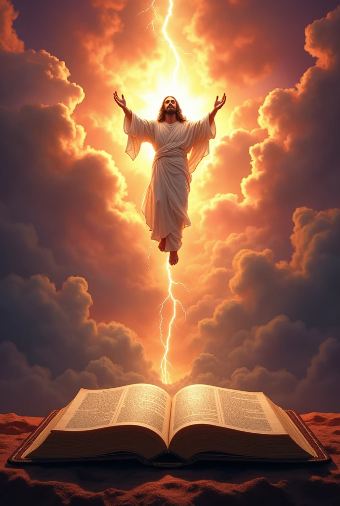 A bible and in the background the apocalypse happening, He's in the sky, Jesus coming back, very realistic to the peoples of his word.