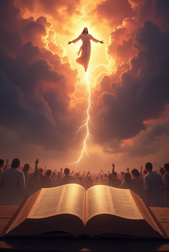 A bible and in the background the apocalypse happening, He's in the sky, Jesus coming back, very realistic to the peoples of his word.