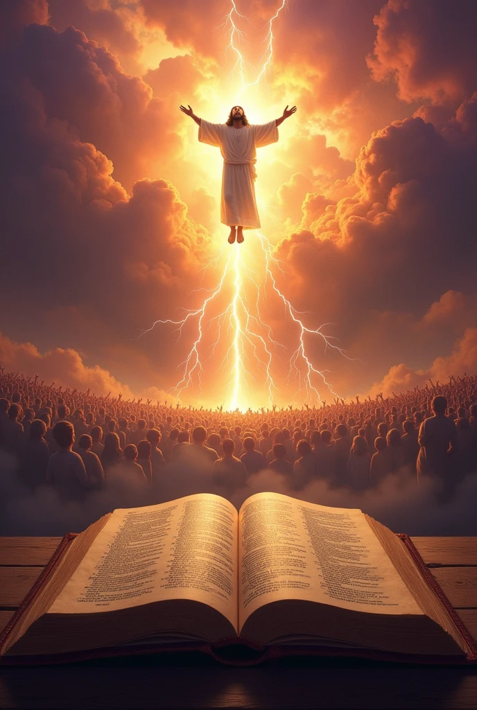 A bible and in the background the apocalypse happening, He's in the sky, Jesus coming back, very realistic to the peoples of his word.