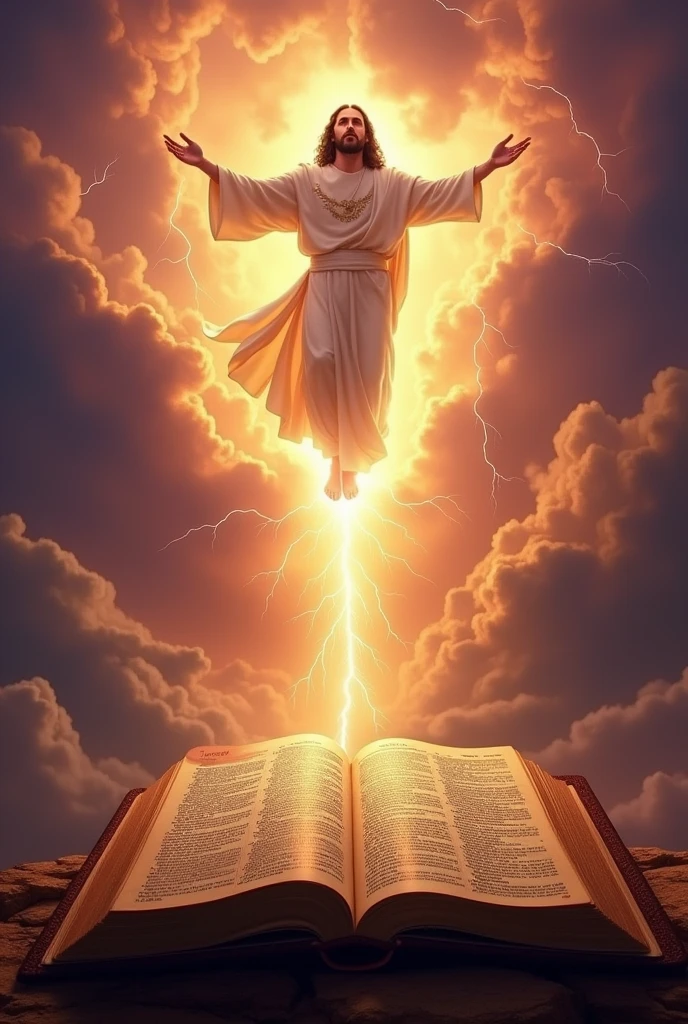 A bible and in the background the apocalypse happening, He's in the sky, Jesus coming back, very realistic to the peoples of his word.