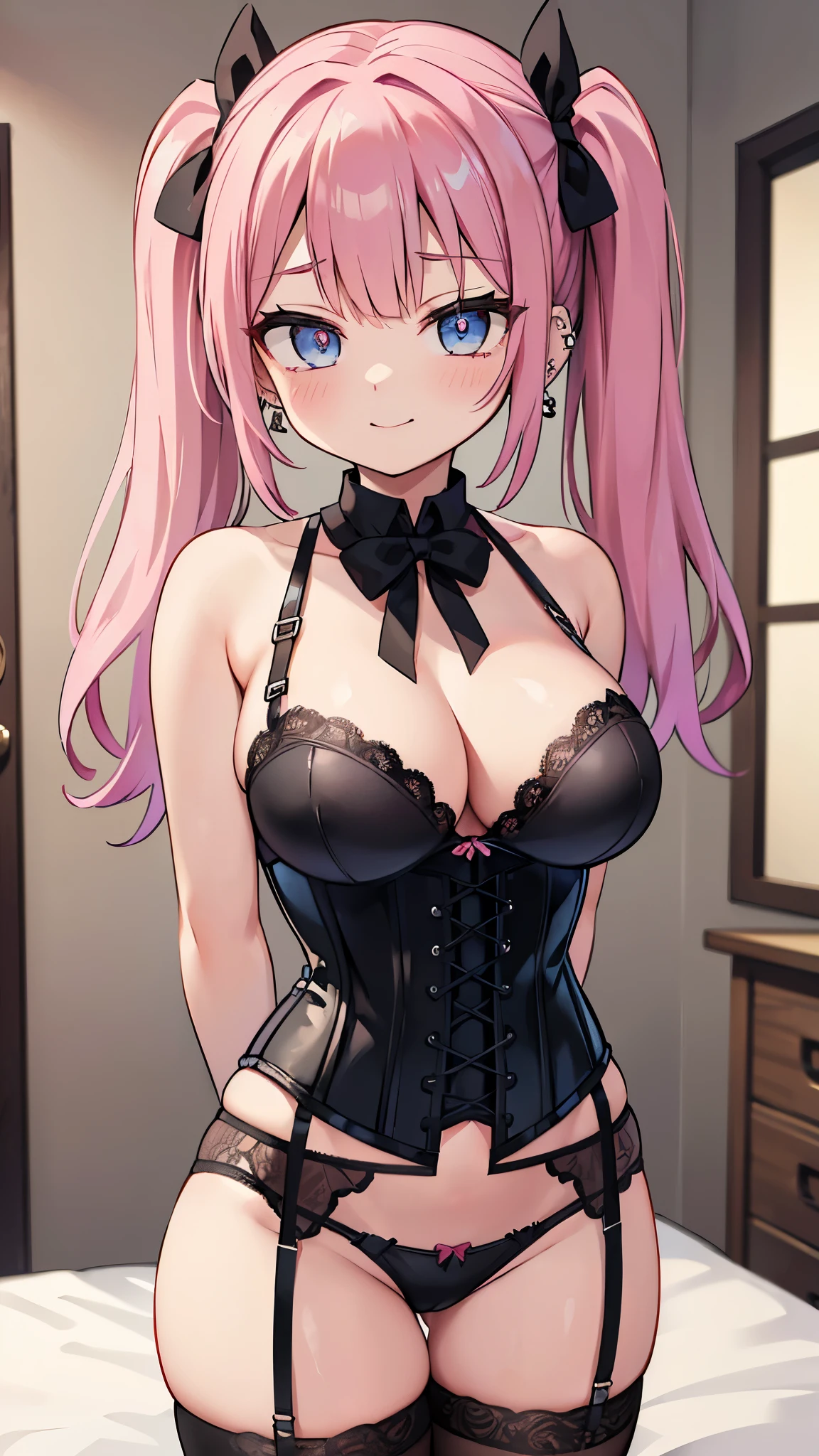 ((masterpiece、Highest quality、Super detailed)、((One person))、((Pink Hair))、((Twin tails))、((Light blue eyes))、evil smile、((lots of piercings))、((Very large breasts))、((black bra))、((corset))、((black panties))、garter straps、Cowboy Shot、((arms behind back))、Bedroom Background