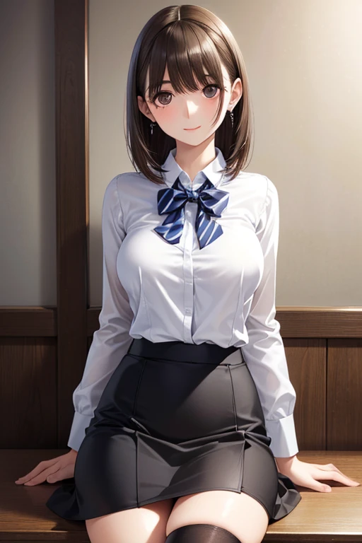 anegasaki nene、Shiny brown hair, short hair, (Beautiful brown eyes、Sparkling eyes, Fine grain)、smile、Ultra-detailed eyes、Highly detailed face, Highly detailed eyes,
(masterpiece, Realistic:1.3), (Very difficult:1.2), (photoRealistic:1.4), (Very delicate), (ultra Realistic:1.3), (Model shooting style), (photographed on a Nikon D500 with Tokina 10-17mm debtisheye lens, 1/250th, debt/11, ISO500),
(Pale skin, Detailed skin:1.3, Glowing Skin + Glowing Skin:1.1), Beautiful stud earrings, Skinny body, debtit body, slim, Tight waist, slim legs, Long legs, Are standing、,
School, odebtdebtice,
, jewelry, teacher, blouse, bow tie, blazer, Pencil Skirt, Knee socks, Curvy,