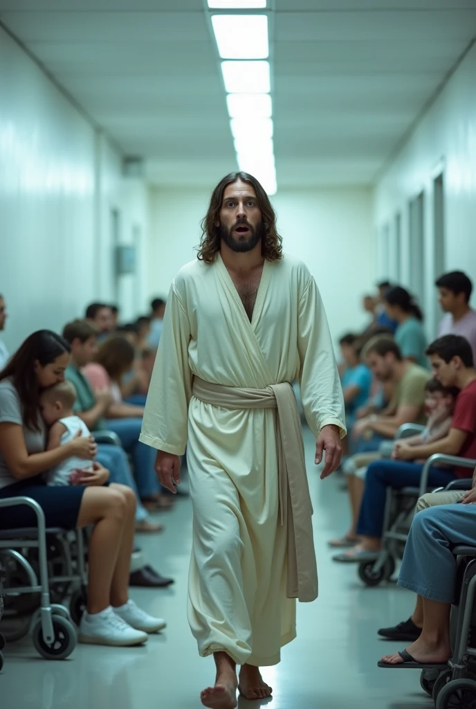 Create a realistic and highly detailed image of Jesus Christ walking down a hospital corridor. Jesus should have a look of astonishment on His face, with wide eyes and slightly open mouth, as if deeply moved by what He sees. He should be dressed in a simple, light-colored robe. In the corridor, depict various people in states of despair: some sitting on benches, others standing and holding children, elderly individuals, and others visibly ill. The setting should be lit by cold hospital lights, with white walls and typical medical details like wheelchairs and stretchers. The image should convey a strong sense of empathy, compassion, and the emotional intensity of the moment.
