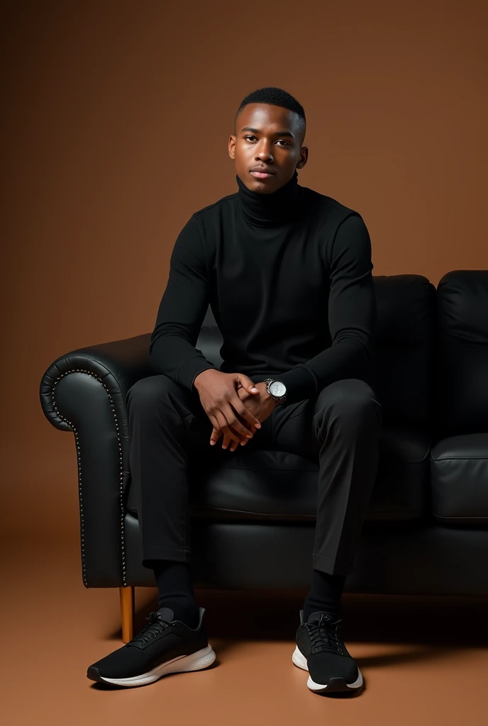 best qualityer:1.4), (ultra high resolution:1.2), (photorrealistic:1.4), (8k, CRU photo:1.2), a thin young man of 20 years old, skin black , with a smooth, beardless face, short American haircut on the sides and top, is wearing a black turtleneck shirt, He is wearing black dress pants and black sneakers. He is sitting on a small black sofa. is in a photography studio with a brown background