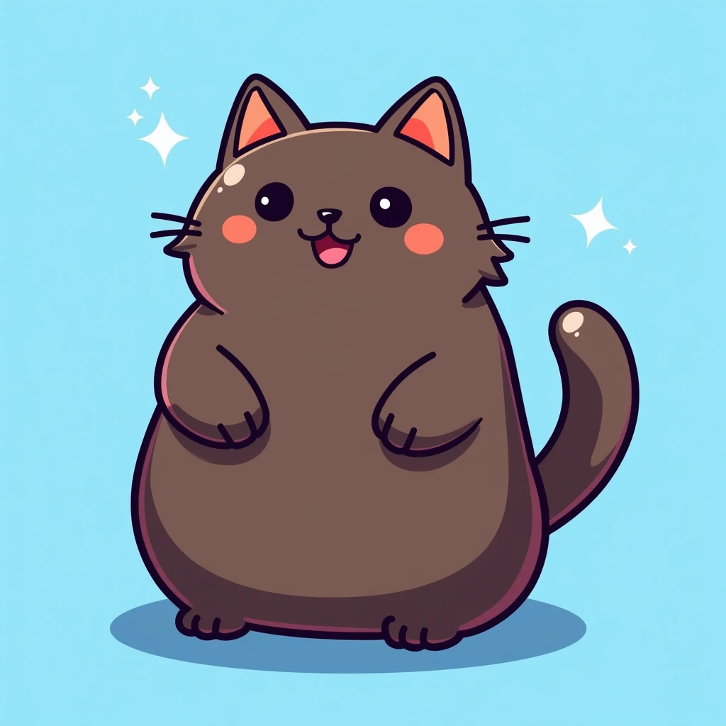 coin logo , tone network , dark brown cat , plain blue background , oggy inu , cat inu , fat  