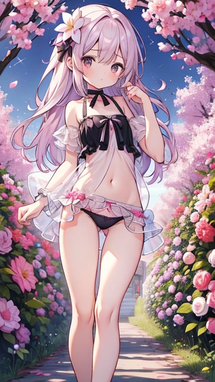 Highest quality, 6  female, Flat Chest, whole body, Frame from head to toe, evening,  Bloomers, bend over, Buttを見せる( Butt), Outdoor, cute girl, cute , String panties，Put your finger on your panties、Stick out、shift，Thin fabric, See through, God&#39;s Rays, Fluffy Clouds, Colorful flower garden,