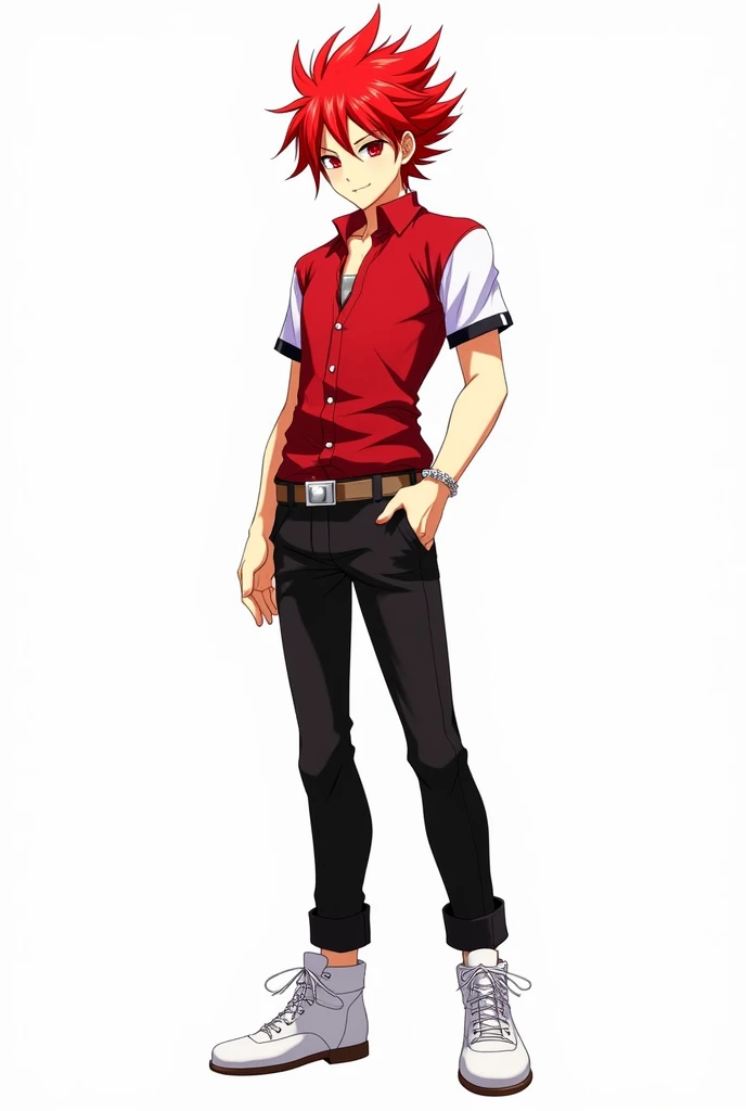 Create a male anime character with fiery red hair, red eyes, fair skin, a shirt with a white bottom, a red top and red sleeves, black pants and white shoes, and a white background.