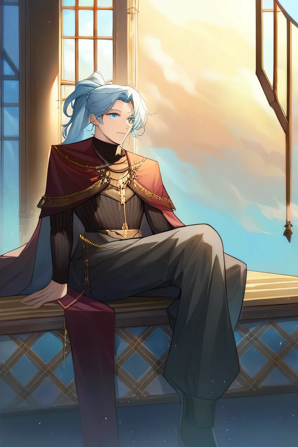 score_9, score_8_up, score_7_up, source_anime, rating_safe, (masterpiece), best quality, very aesthetic, expressive eyes, perfect face, 1 boy, male focus, handsome, solo, light blue hair, long high ponytail hairstyle, light blue eyes, intricately tattered cloak, turtleneck sweater, baggy pants, scenery, sitting with legs crossed