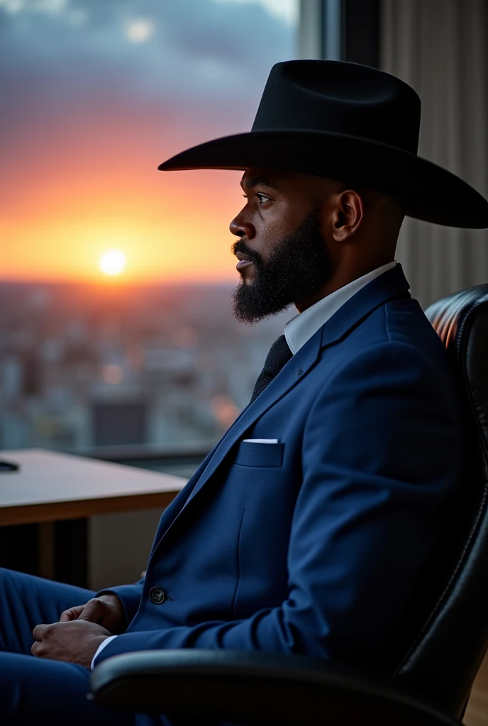HD picture of black gentleman dresed in blue suits and with cowboy hat, sitting in his office with podcast studio blurred background at his back and he is looking outide through the window seding   seeing a beautiful sunsets and it is cloudy and almost raining outside, make left hand side of the picture black- blurred 