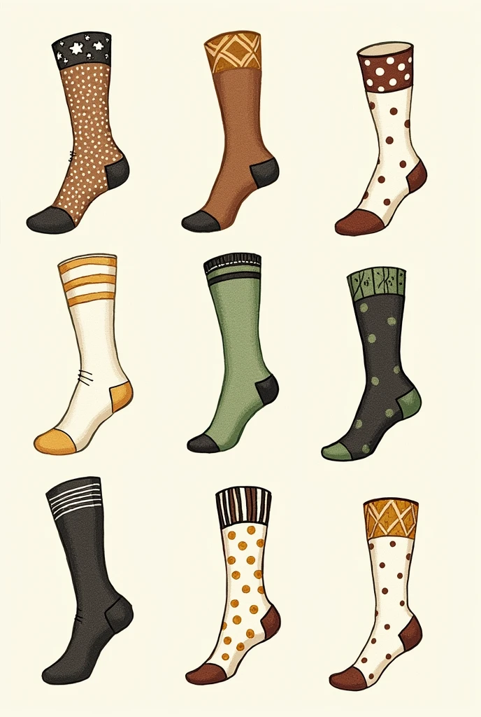 Many Line Drawings of Socks and Hosiery with Brown Black White Green Yellow Tones for Images Background 