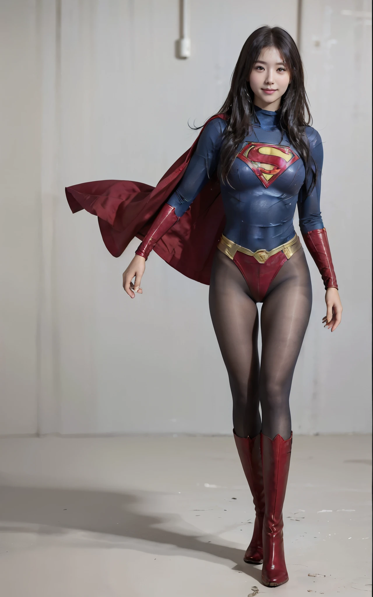 No background、(((Beautiful legs in black tights.)))、(((Legally express the beauty of your smile)))、((((Make the most of your original images)))、(((Supergirl Costume)))、(((Beautiful Hair)))、(((suffering)))、(((Please wear black tights....、Wear red boots)))、((Best image quality、8k))、((Highest quality、8k、masterpiece:1.3))、(((Preserve background )))、Sharp focus:1.2、Beautiful woman with perfect figure:1.4、Slim Abs:1.2、Wet body:1.5、Highly detailed face and skin texture、8k