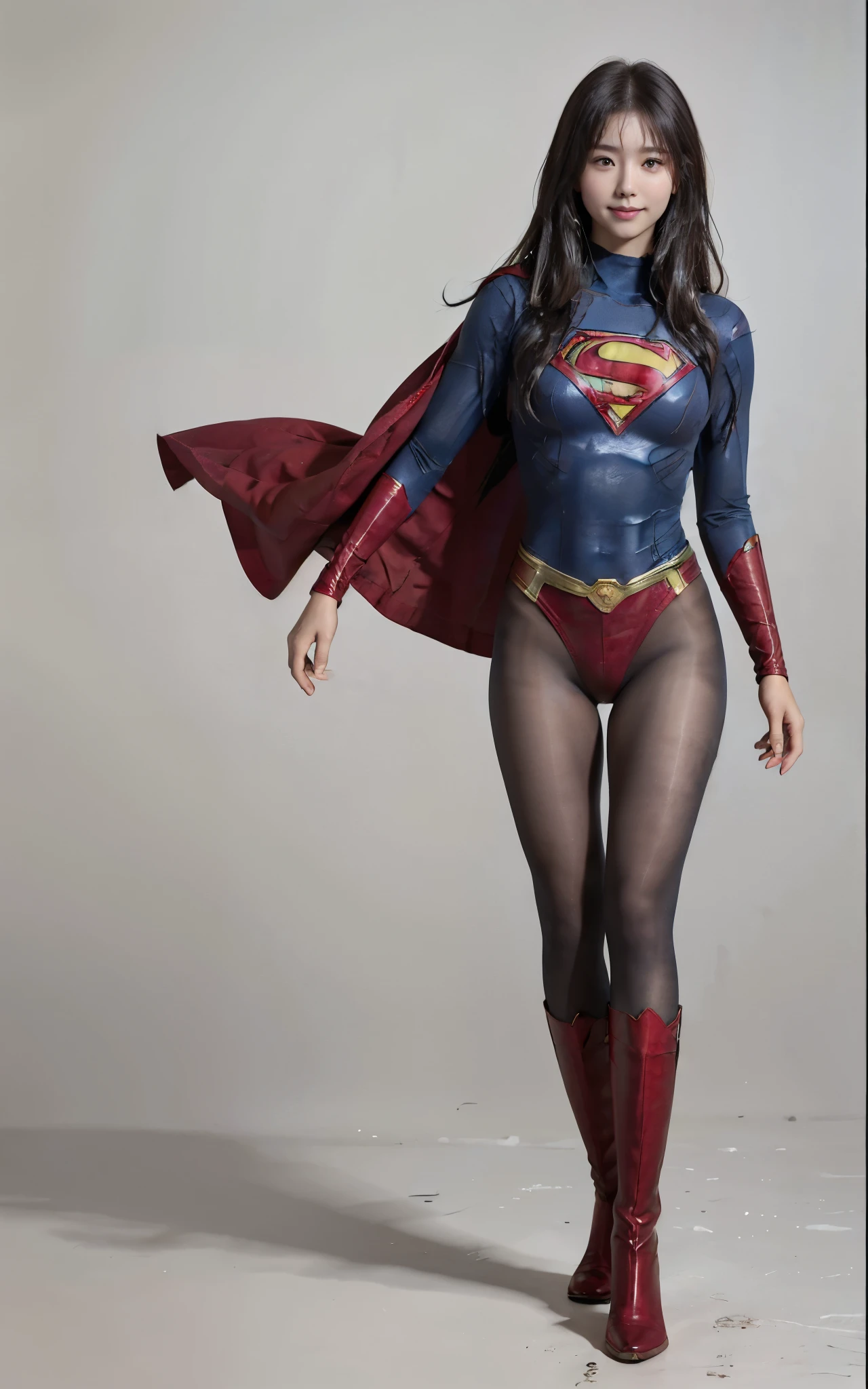 No background、(((Beautiful legs in black tights.)))、(((Legally express the beauty of your smile)))、((((Make the most of your original images)))、(((Supergirl Costume)))、(((Beautiful Hair)))、(((suffering)))、(((Please wear black tights....、Wear red boots)))、((Best image quality、8k))、((Highest quality、8k、masterpiece:1.3))、(((Preserve background )))、Sharp focus:1.2、Beautiful woman with perfect figure:1.4、Slim Abs:1.2、Wet body:1.5、Highly detailed face and skin texture、8k