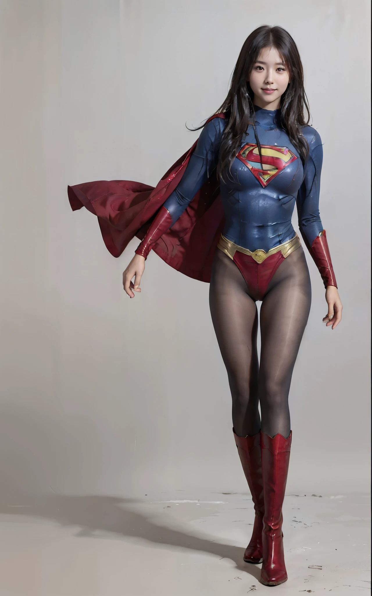 No background、(((Beautiful legs in black tights.)))、(((Legally express the beauty of your smile)))、((((Make the most of your original images)))、(((Supergirl Costume)))、(((Beautiful Hair)))、(((suffering)))、(((Please wear black tights....、Wear red boots)))、((Best image quality、8k))、((Highest quality、8k、masterpiece:1.3))、(((Preserve background )))、Sharp focus:1.2、Beautiful woman with perfect figure:1.4、Slim Abs:1.2、Wet body:1.5、Highly detailed face and skin texture、8k