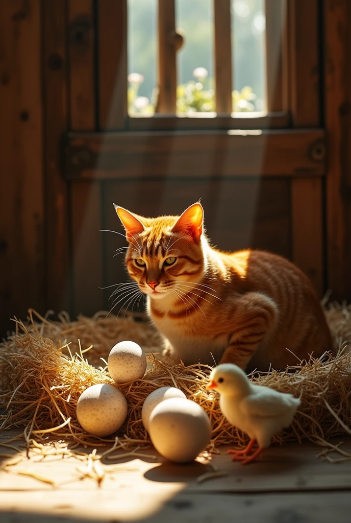 Orange cat giving birth to chicken eggs
