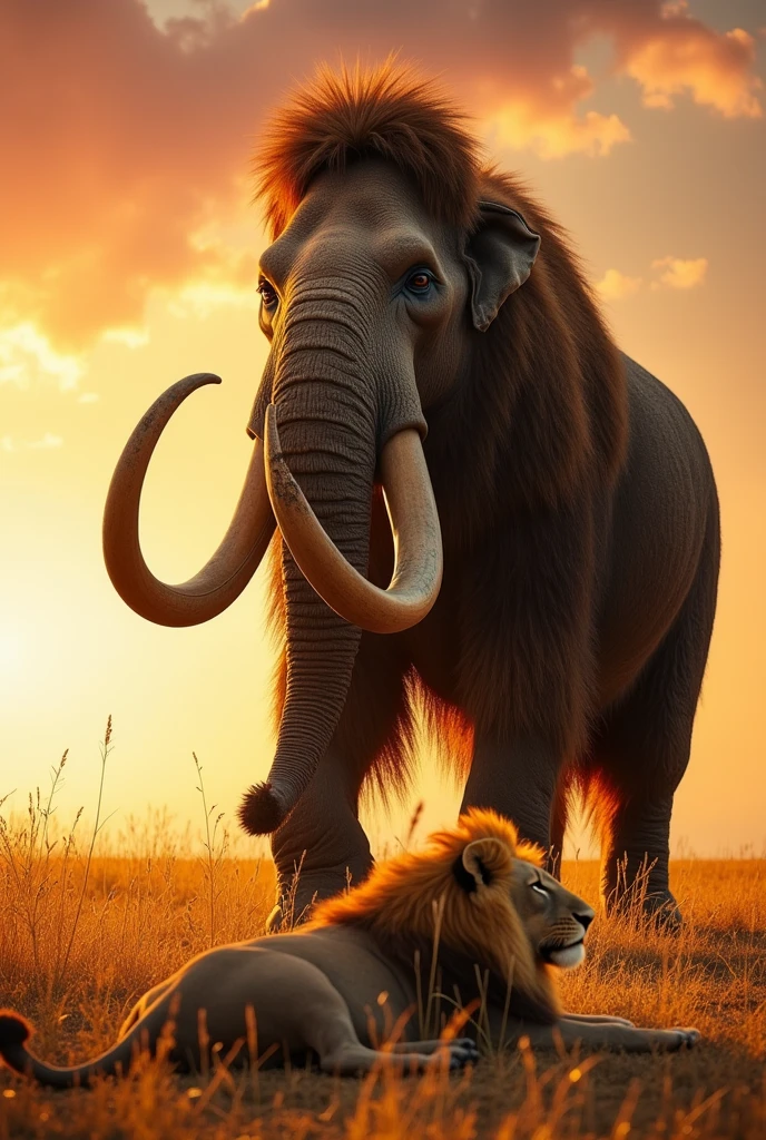 Mammoth standing over a dead lion one foot on the lion