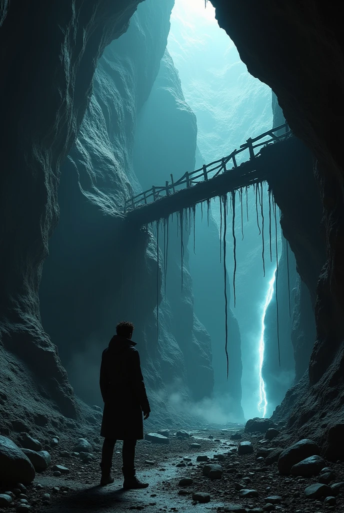 
 A scientist from behind in a huge cave looking at a wooden bridge that fell down a cliff and connected to another corner of the cave with a light outlet
