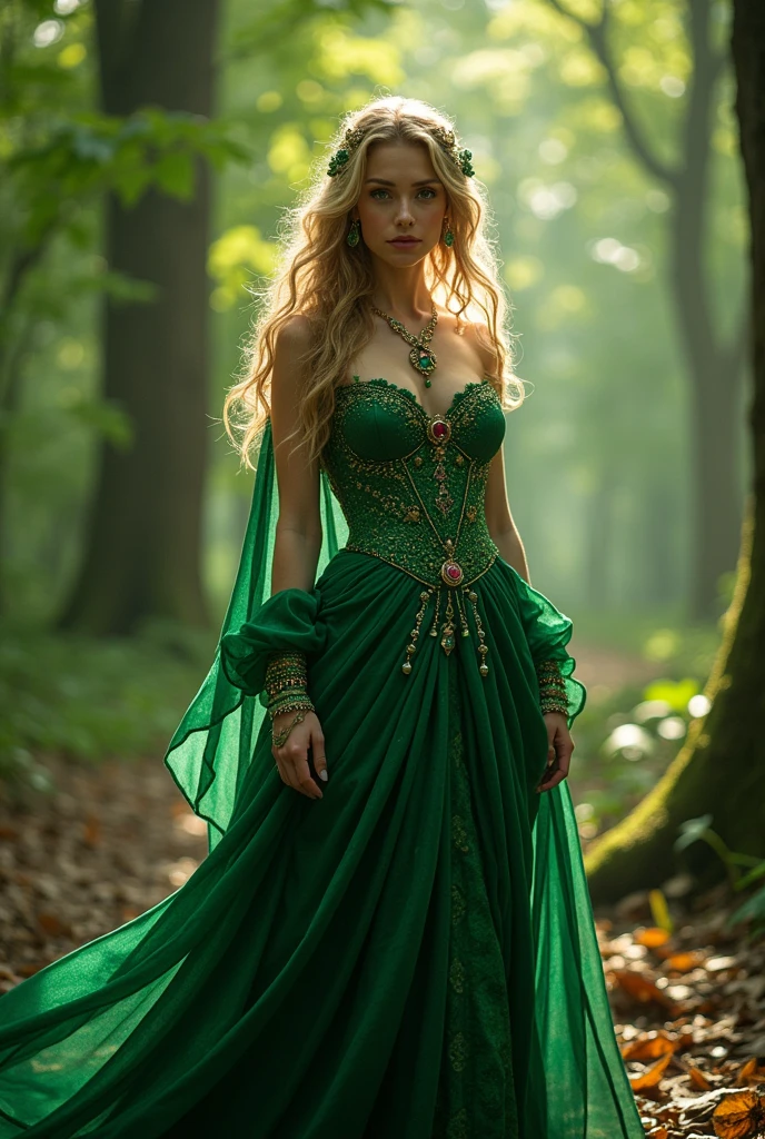 Beautiful Irish sorceress, large breasts, wide and very curved hips; penetrating but nobke look; long dress in shades of green; jewelry made of rubies, emeralds, topazes and pearls; in the middle of a forest at noon; cinematographic image; masterpiece; UHD