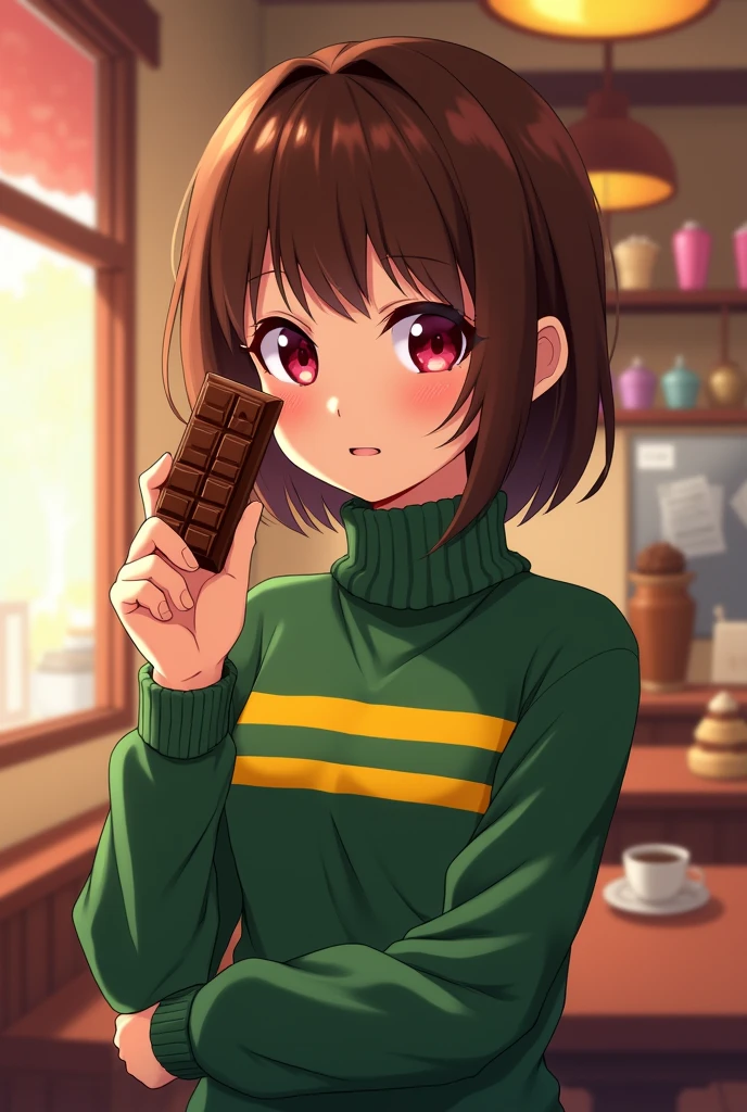 an anime girl with dark red eyes and short brown bob hair wearing a green turtleneck with two horizontal yellow stripes on her chest of her turtleneck sweater holding a bar of chocolatte with the wrapper at the bottom