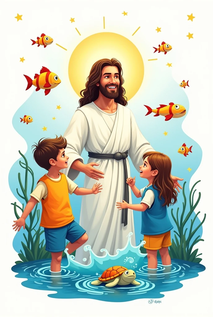 Create a print art for a children's blouse.
Add the theme "Jesus saves lives"
I want the white background.
Place these elements, Jesus dressed in salt to lives, without glasses, add fish, whale, and turtle.
Make jesus not sea, with 2 cute kids in vests Note: ELEMENTS MUST BE DRAWING.