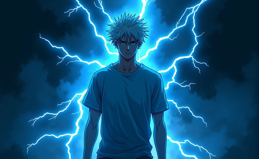 young man with a serious expression, surrounded by an electric aura. His hair is spiky and messy, white or silver, which contrasts strongly with the dark, bluish lighting that dominates the scene.. He is dressed in a short-sleeved T-shirt over a long-sleeved T-shirt, both in dark tones, which gives it a casual but powerful air.
The background is shrouded in darkness, with rays of blue electricity snaking around the character, illuminating it dramatically and highlighting its figure in the dim light. The atmosphere is intense, conveying a sense of contained power and potential danger. The combination of the character's relaxed posture and the visual effects of electricity suggests that he is about to unleash an impressive force..
This style is semi realistic anime, with a focus on energy effects and building a tension-filled environment. It is a scene that could belong to a climatic moment