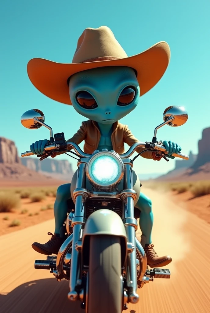 A blue alien with a cowboy hat riding a motorcycle
