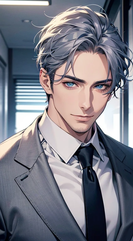 (best quality,4k,8k,highres,masterpiece:1.2),ultra-detailed,(realistic,photorealistic,photo-realistic:1.37),1 man,31 years old,mature man,very handsome,without expression,smile,short grey blue hair,blue eyes,penetrating gaze,perfect face without errors,imposing posture,businessman,office background,cinematic lighting,hdr image