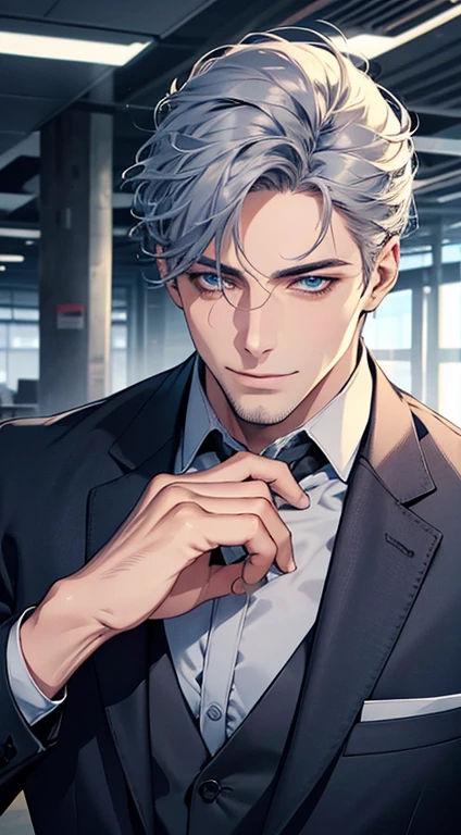 (best quality,4k,8k,highres,masterpiece:1.2),ultra-detailed,(realistic,photorealistic,photo-realistic:1.37),1 man,31 years old,mature man,very handsome,without expression,smile,short grey blue hair,blue eyes,penetrating gaze,perfect face without errors,imposing posture,businessman,office background,cinematic lighting,hdr image