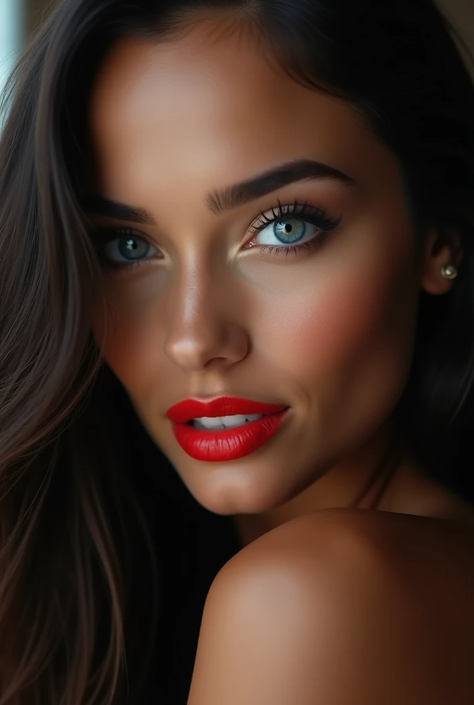 a beautiful woman with long dark hair, intense blue eyes, full red lips, (best quality,4k,8k,highres,masterpiece:1.2),ultra-detailed,(realistic,photorealistic,photo-realistic:1.37),HDR,UHD,studio lighting,ultra-fine painting,sharp focus,physically-based rendering,extreme detail description,professional,vivid colors,bokeh,portrait,close-up,sensual,alluring,seductive,confident,strong expression