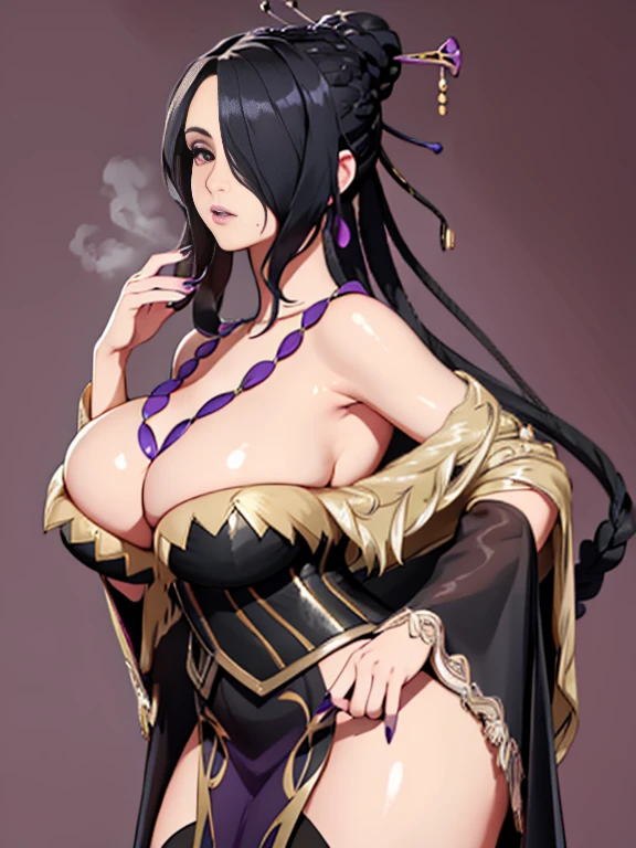 In the composite image we're envisioning, the individual is a striking woman adorned in an elegant and intricate gown that commands attention. The dress features a sweeping, long hemline with a dramatic high slit on the left side, revealing a potential glimpse of elegantly designed legs. The fabric, likely black or brown, is rich and dark, with a luxurious texture that hints at a high-quality, possibly velvet or satin material. The gown is accentuated with meticulously crafted lace along its hem, adding a touch of sophistication and delicacy. The chest area boasts a luxurious fur-like trim, enhancing the opulence of the attire. The strapless gown, with no sleeves, showcases a flawless, full-figured silhouette, with layered elements that cascade down the skirt like belts, each adorned with distinctive, ornate buckles. This design element introduces an edgy flair, setting the gown apart as a piece of unique haute couture. The color palette of the gown is enriched with lace detailing that peeks through the layers of the skirt, adding an extra dimension to the ensemble. This woman's attire is nothing short of a work of art, the epitome of elegance and grandeur. Accompanying the gown, the woman wears a harmonious set of purple and white clothing that exudes regality and design. A grand purple and white coat serves as the centerpiece, with its royal or ceremonial style. This is complemented by a dress of the same color scheme, ensuring a cohesive and visually striking appearance. Over this, a sumptuous purple and white cape drapes gracefully, adding a regal flair and pulling the ensemble together. The woman's hair is a long, black ponytail, sleek and SECURE, with a lock of hair artfully draped over one eye, framing her features with elegance and mystery. Her posture and presentation suggest a confident, self-assured Milf, exuding sensuality and allure. Her physique is a testament to the Venus Body concept, with her bust being notably endowed, full and round, defying