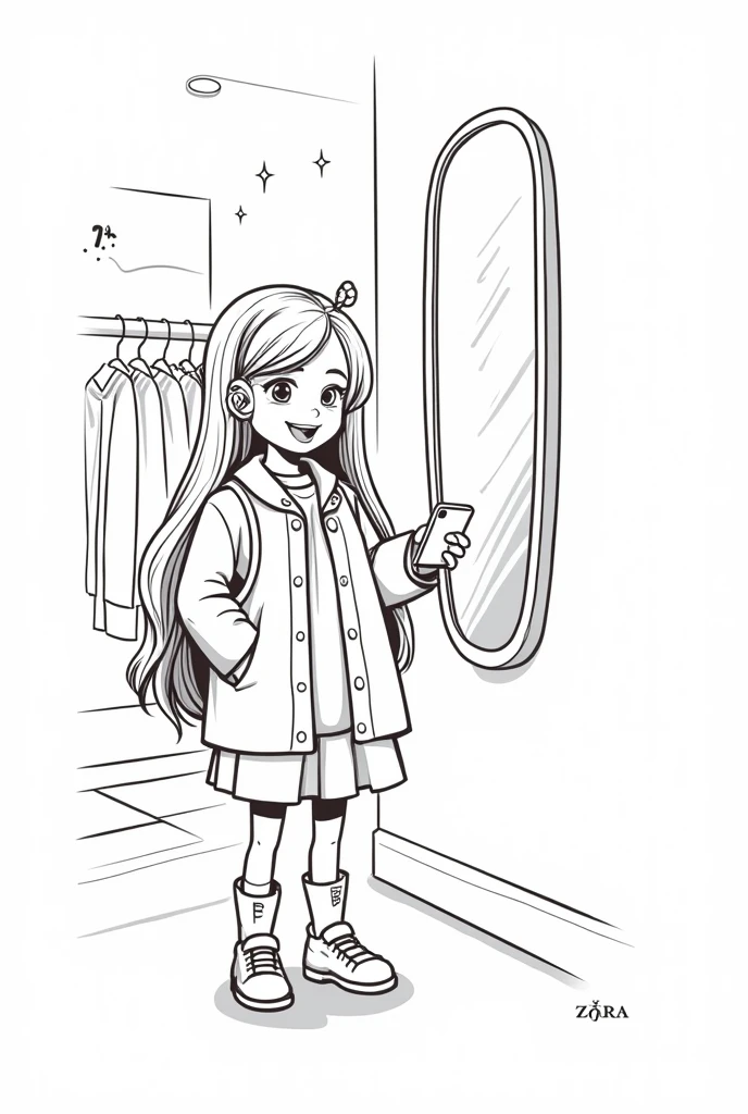 Create a black and white illustration for a children's coloring book. A girl stands in a short white coat unbuttoned near a mirror in a fitting room. long hair, with hairpins. High boots on thin legs. In the hands is an iPhone with a headphone cord. Leave the clothes and background without color., so that children can color them to their liking. The background may contain elements of the Zara store interior. The mood is cheerful and friendly.