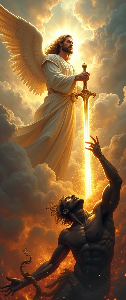 Make an image of God Destroying Satan with a huge powerful shining sword