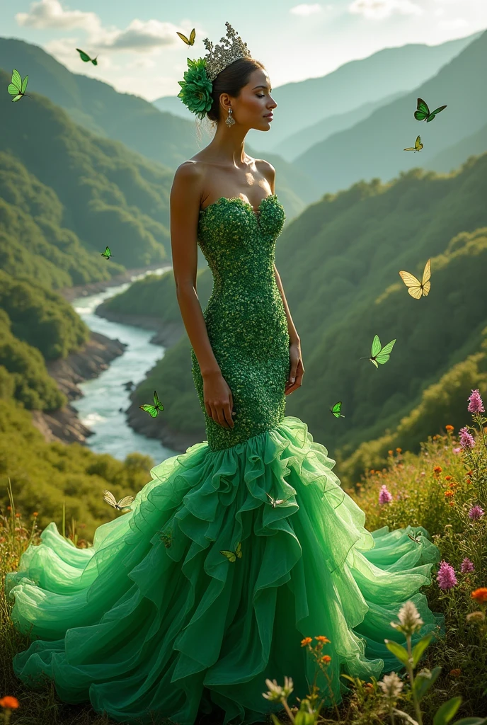 SeaArt Bot Txt2Img Studio Fantasy dress for a queen alluding to the department of Boyaca Colombia with green orchids and attached to the body and with butterflies, that it is also a representative handicraft from Boyaca, Colombia with a mermaid cut
