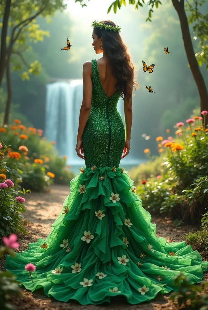 SeaArt Bot Txt2Img Studio Fantasy dress for a queen alluding to the department of Boyaca Colombia with green orchids and attached to the body and with butterflies, that it is also a representative handicraft from Boyaca, Colombia with a mermaid cut