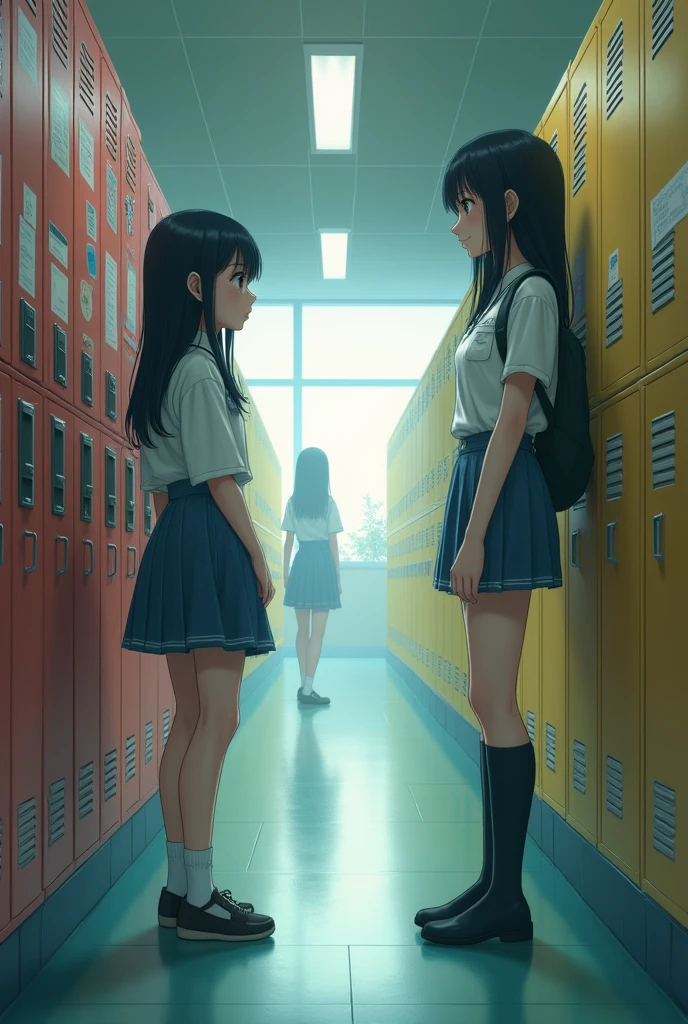 A Japanese high school girl feels embarrassed when a Japanese female college student stares at her underwear.