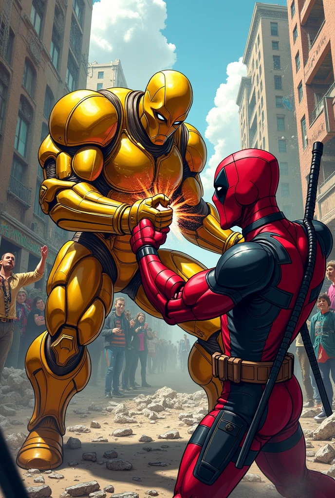 Goldorak arm wrestles with Deadpool